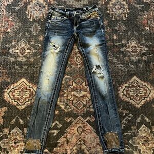 Miss Me Distressed Skinny Jeans - Blue and Tan